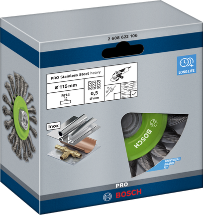 عجلة Bosch PRO المصنوعة من الفولاذ المقاوم للصدأ والأسلاك الثقيلة مقاس 115×0.5 مم.